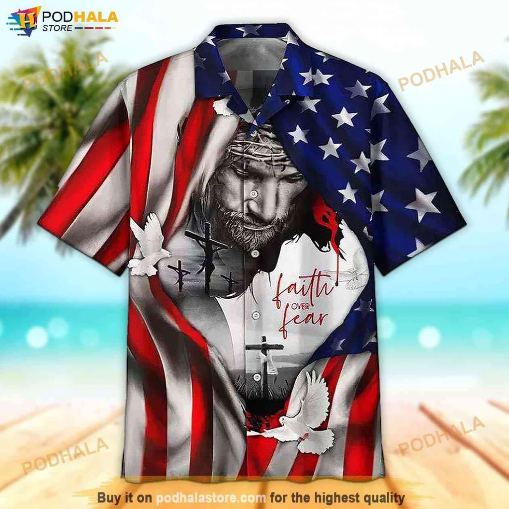 Vintage Faith Over Fear Tropical Shirt, Jesus With American Flag Design Vintage Faith Over Fear Tropical Shirt, Jesus With American Flag Design