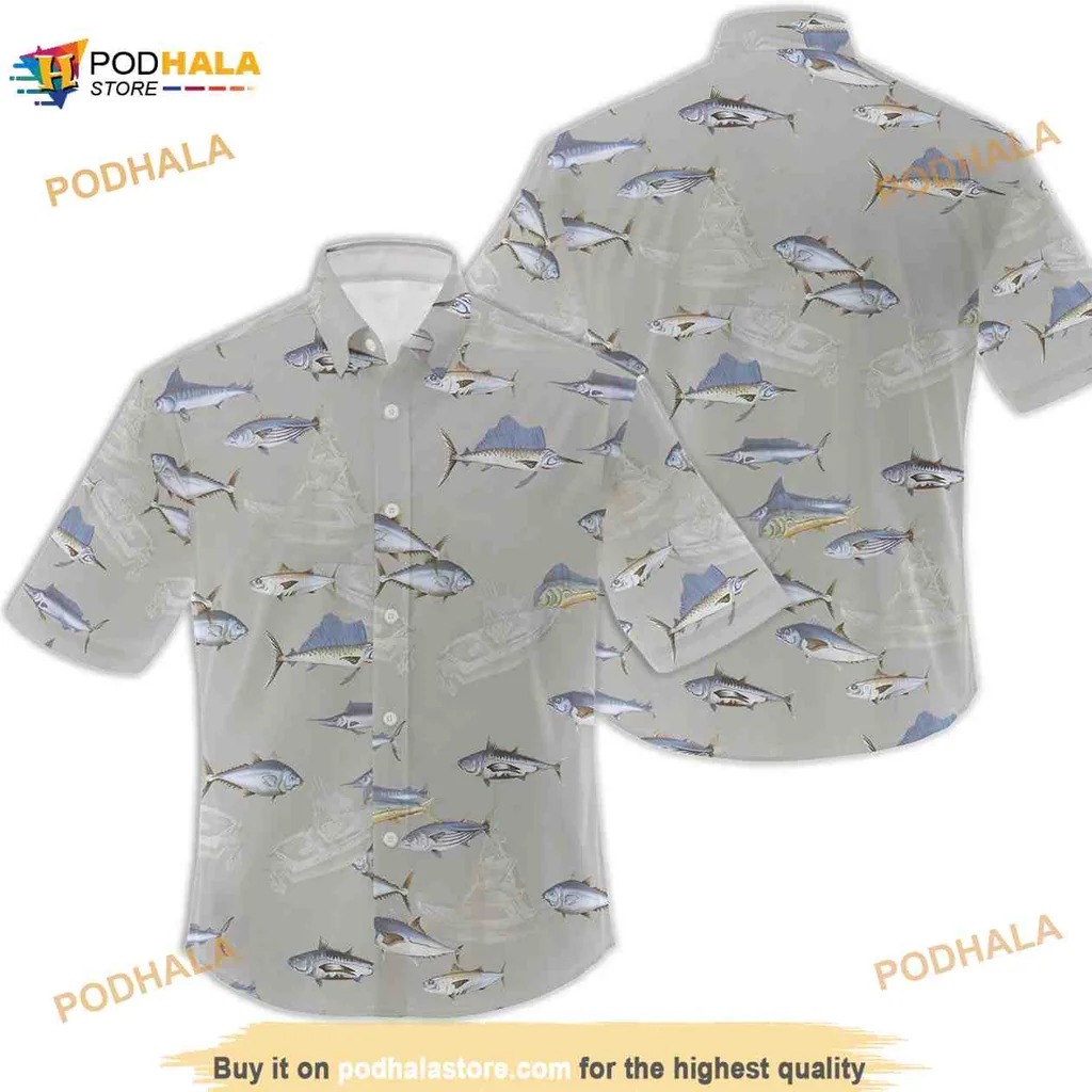 Vintage Fish Aloha Shirt With Tropical Marlin Illustrations