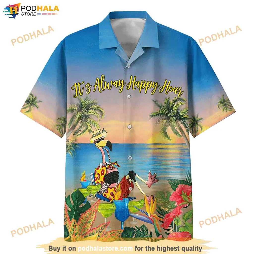 Vintage Flamingo Happy Hour Hawaiian Shirt, Colorful Tropical Design With Palm Trees