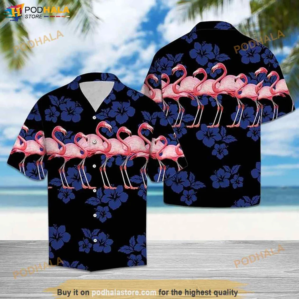 Vintage Flamingo Hawaiian Shirt, Playful Pink Flamingos On Blue Hibiscus