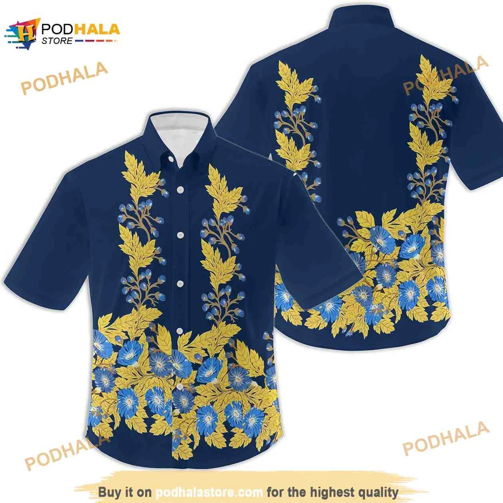 Vintage Floral Hawaiian Shirt With Bright Blue And Yellow Hibiscus Design