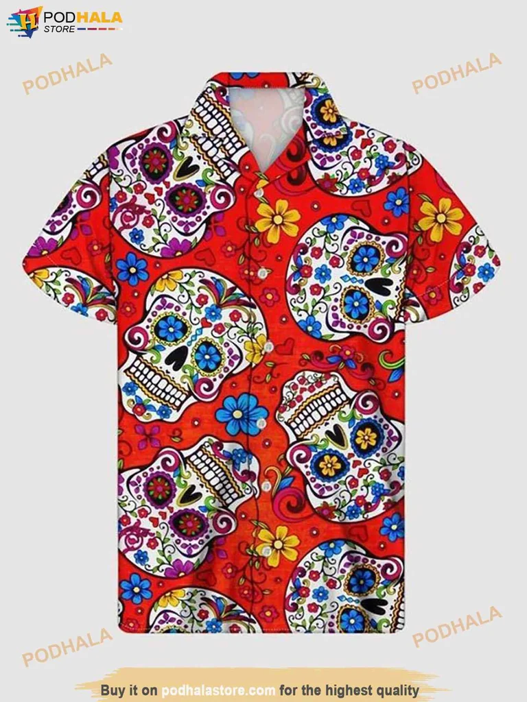 Vintage Floral Skulls Hawaiian Shirt, Bold Red Tropical Design With Colorful Motifs