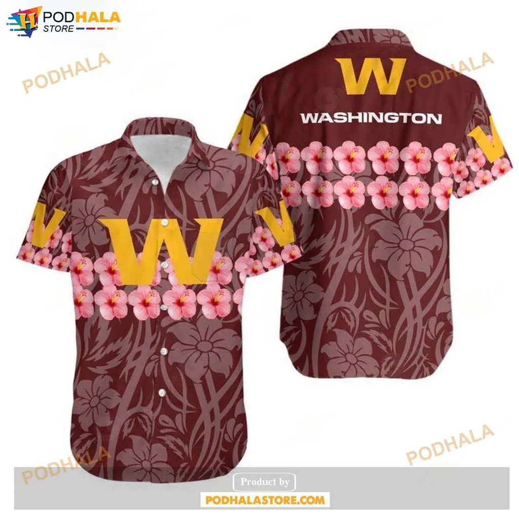 Vintage Floral Washington Fan Hawaiian Shirt, Maroon With Yellow W And Pink Flowers