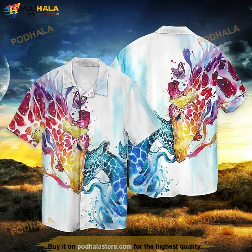 Vintage Giraffe Watercolor Hawaiian Shirt, Whimsical Nature Design With Butterflies