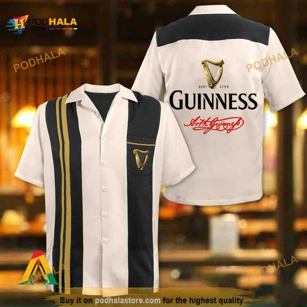 Vintage Guinness Beer Hawaiian Shirt With Yellow And Black Stripes