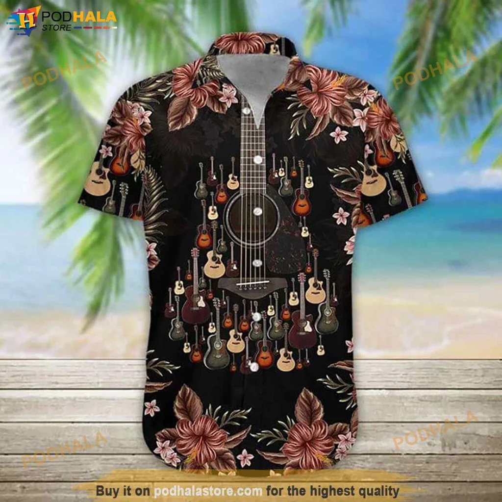 Vintage Guitar Lover Hawaiian Shirt, Vibrant Tropical Design With Guitars And Flowers