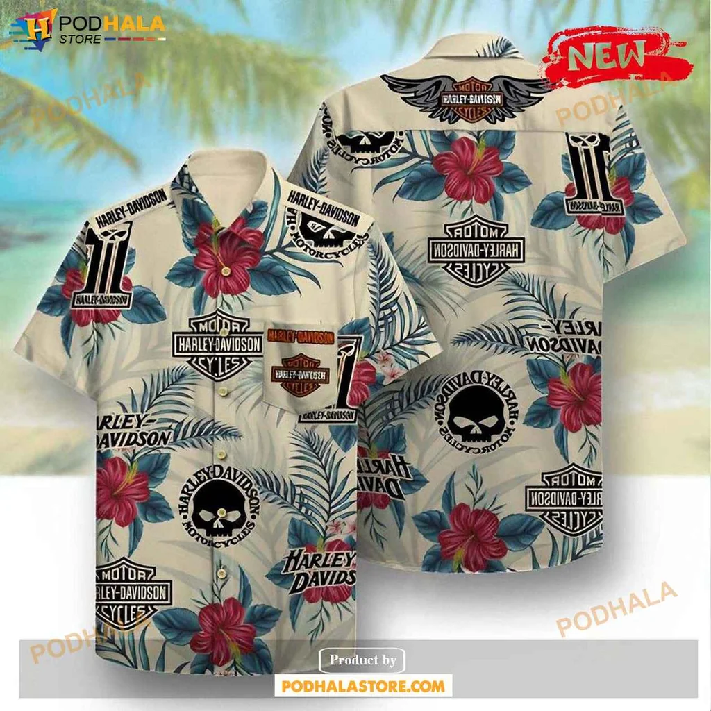 Vintage Harley Aloha Shirt, Tropical Floral Design For Motorcycle Enthusiasts