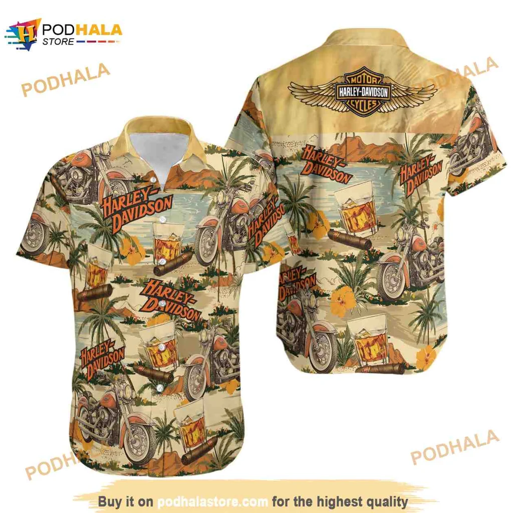 Vintage Harley Davidson Hawaiian Shirt, Summer Beach Biker Design With Palm Trees