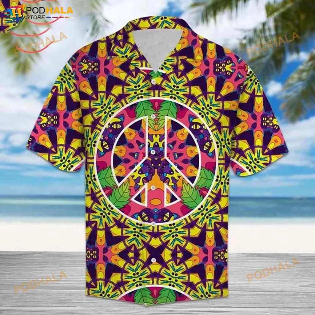 Vintage Hippie Peace Symbol Hawaiian Shirt With Colorful Floral Design