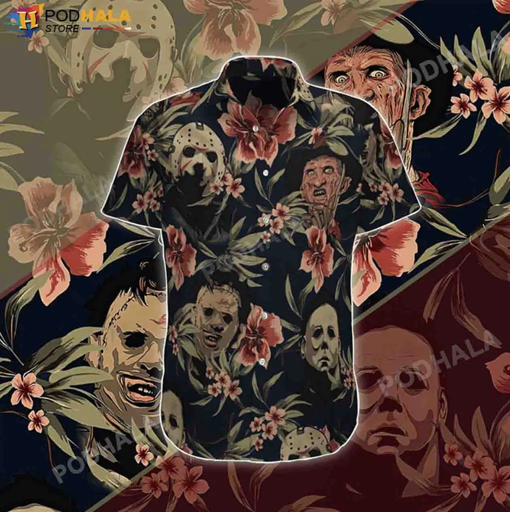 Vintage Horror Character Hawaiian Shirt, Slasher Villains Floral Design For Halloween