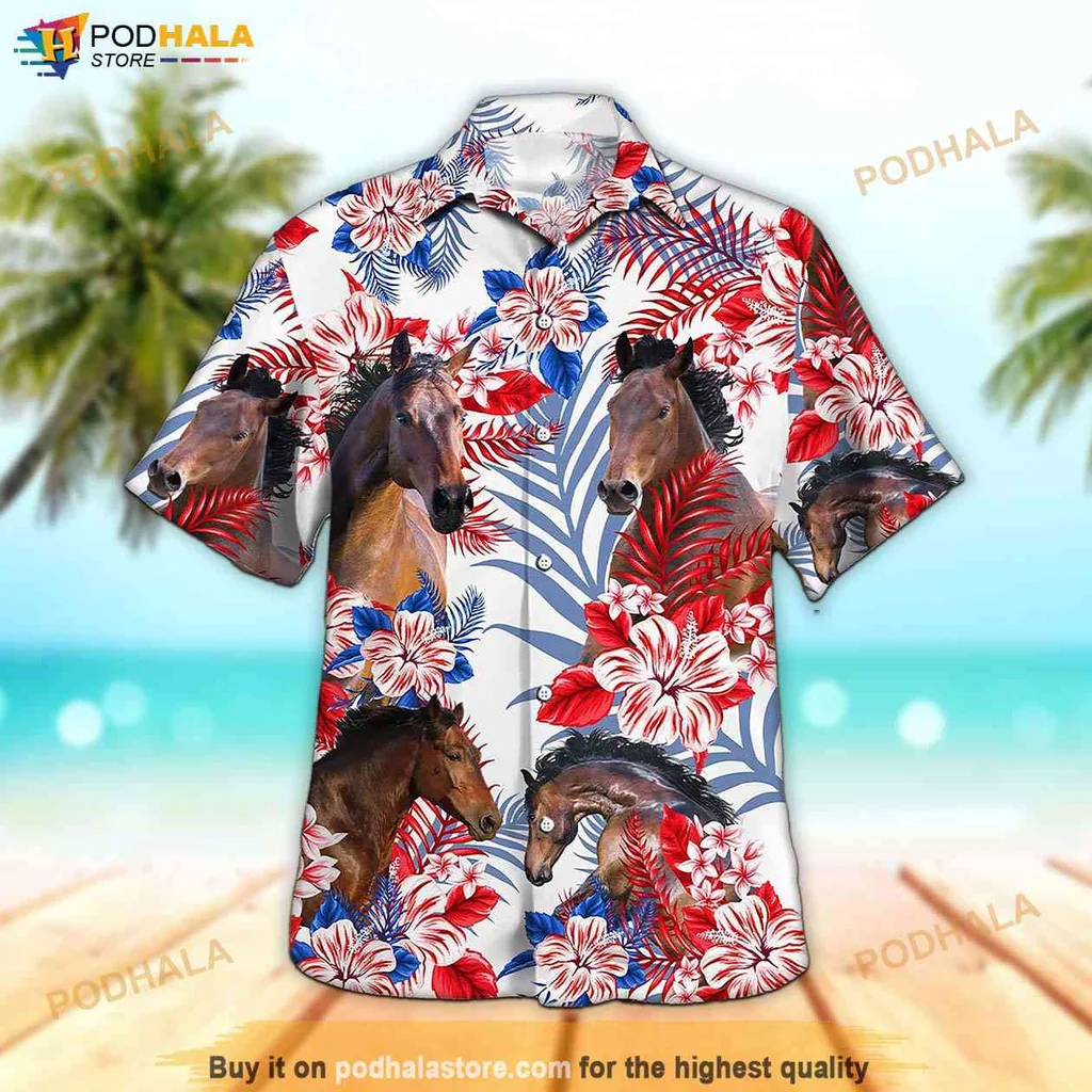 Vintage Horse Aloha Shirt, Patriotic 4th Of July Hawaiian Shirt With American Flag Design