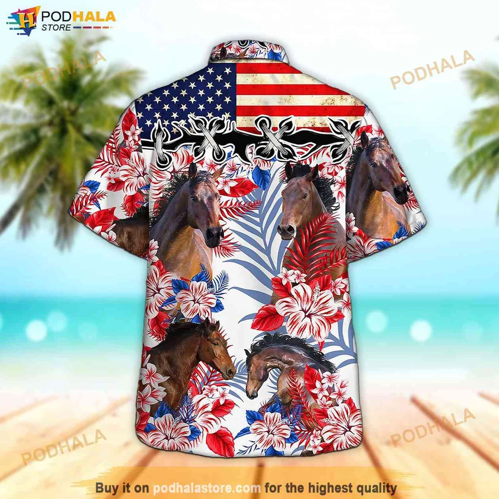 Vintage Horse Tropical Shirt, Patriotic 4th Of July Hawaiian Shirt With American Flag Design Vintage Horse Tropical Shirt, Patriotic 4th Of July Hawaiian Shirt With American Flag Design
