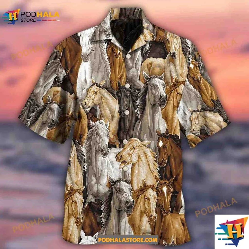 Vintage Horse Lovers Aloha Shirt With Colorful Equine Design Vintage Horse Lovers Aloha Shirt With Colorful Equine Design