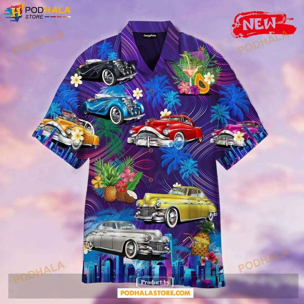 Vintage Hot Rod Hawaiian Shirt, Vibrant Retro Cars With Tropical Elements