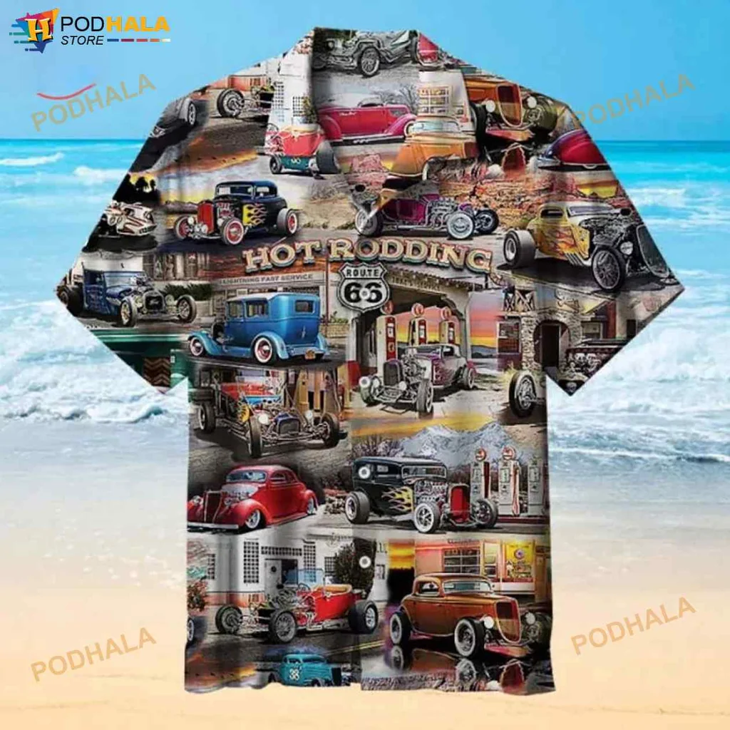 Vintage Hot Rod Hawaiian Shirt With Classic Cars And Retro Backdrops