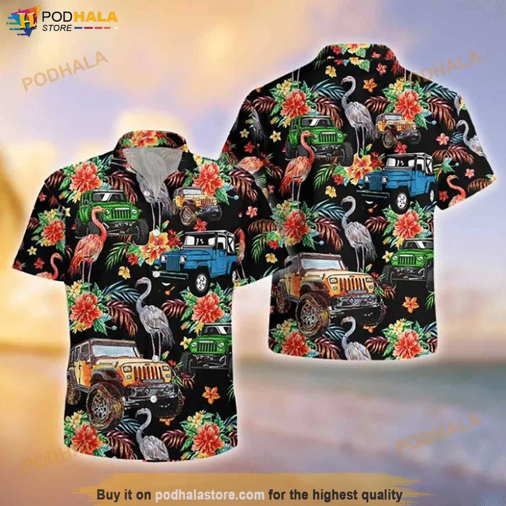Vintage Jeep Flamingo Hawaiian Shirt, Vibrant Tropical Design For Summer Fun