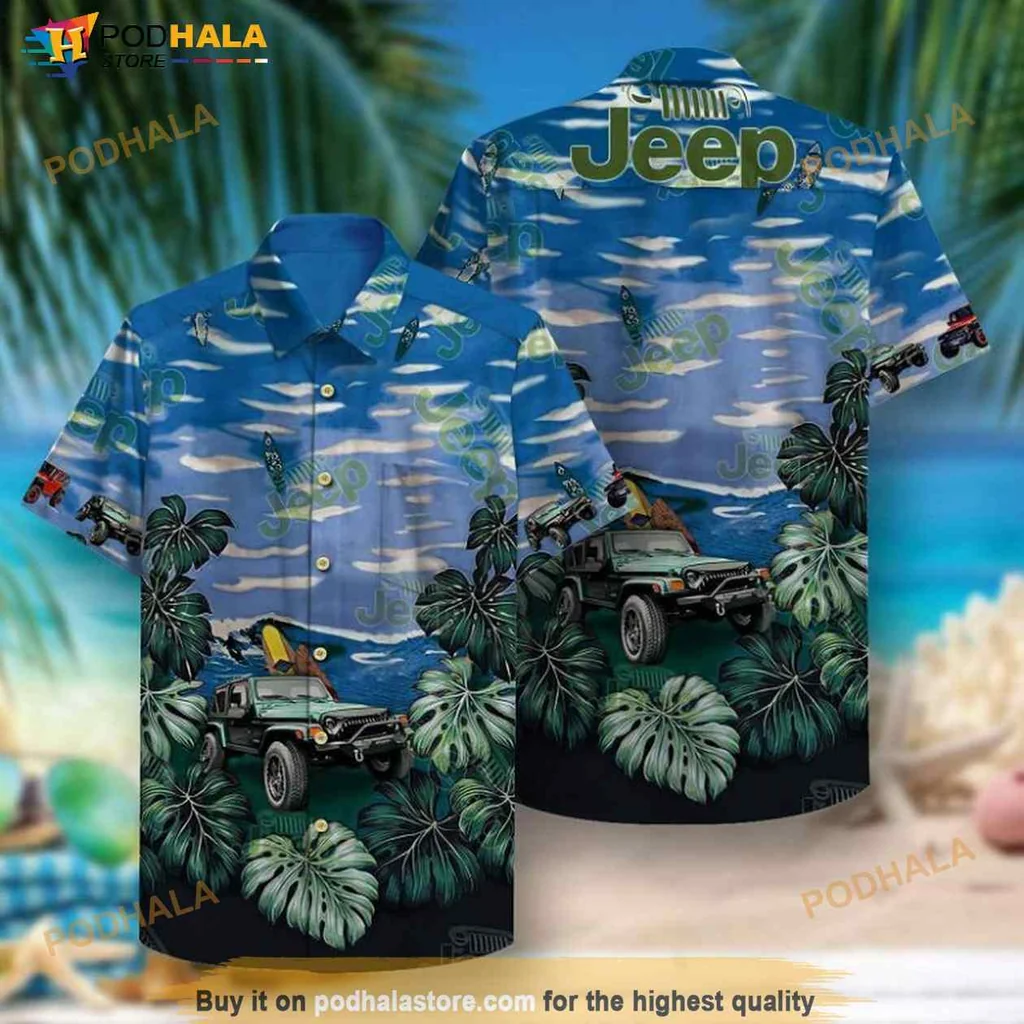Vintage Jeep Tropical Hawaiian Shirt With Scenic Ocean And Lush Foliage