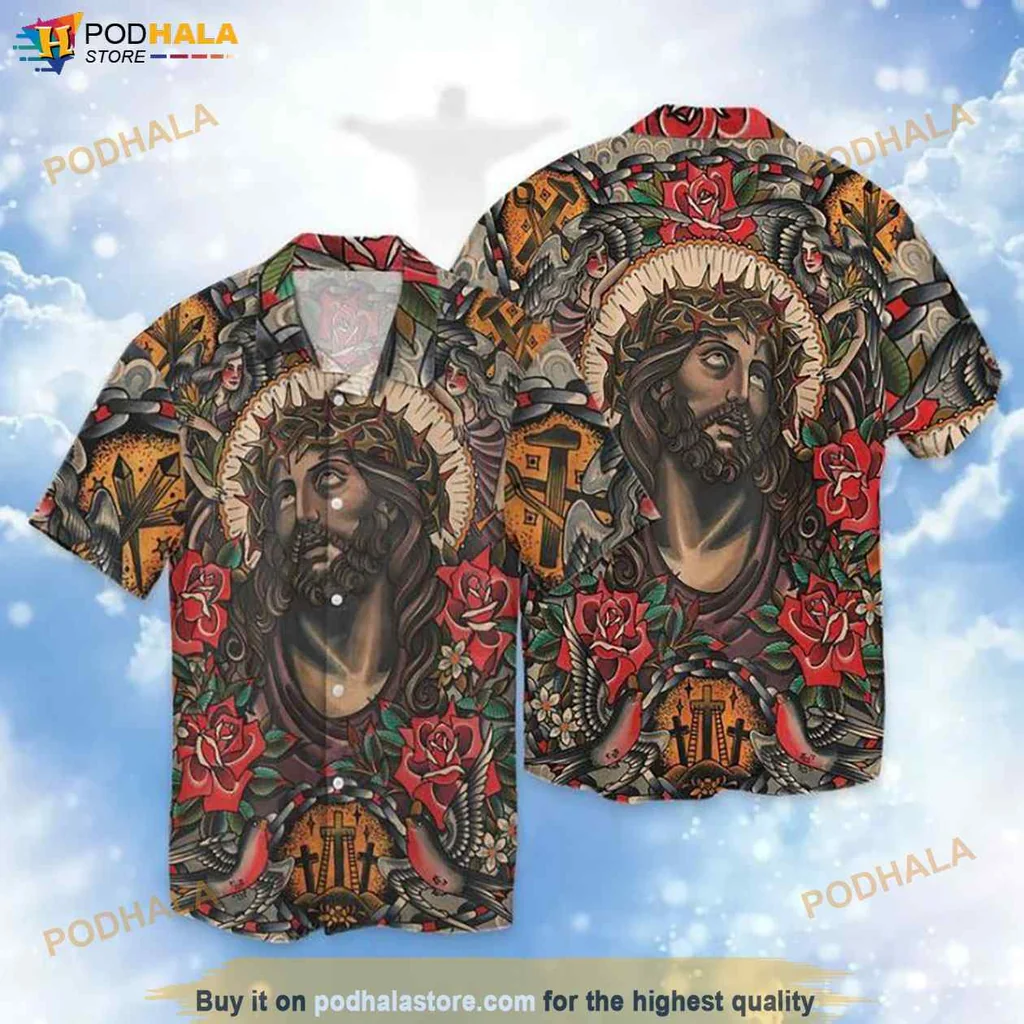 Vintage Jesus Floral Hawaiian Shirt, Bold Tropical Design With Crown Of Thorns