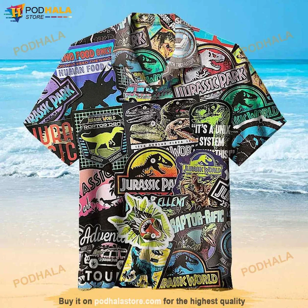 Vintage Jurassic Park Hawaiian Shirt, Playful Dinosaur Graphic Summer Tee