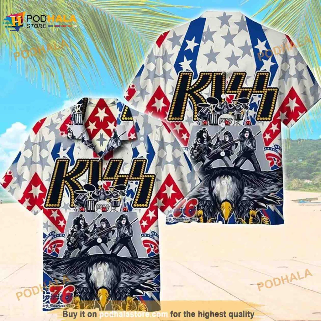 Vintage Kiss Rock Band Hawaiian Shirt With Patriotic Eagle Design