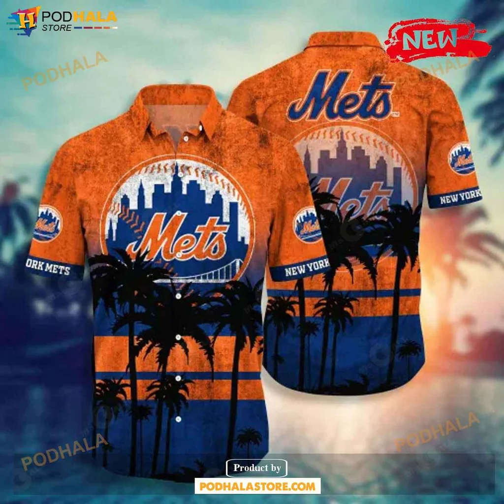Vintage Mets Aloha Shirt, Tropical Sunset Palm Tree Design Shirt