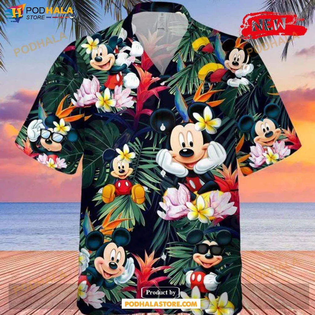 Vintage Mickey Mouse Aloha Shirt, Tropical Floral Design For Beach Outings