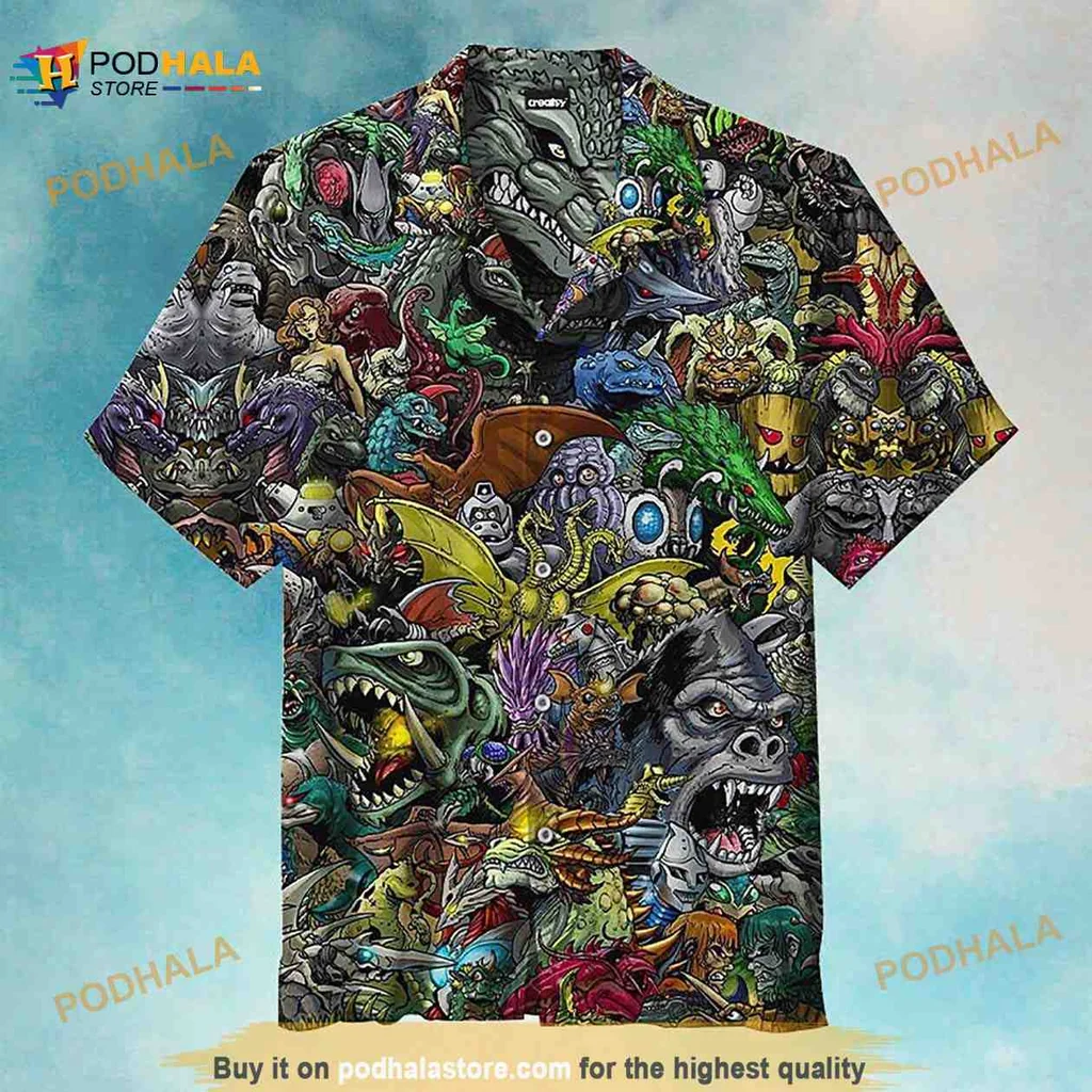 Vintage Monster Beach Hawaiian Shirt Featuring Colorful Creatures And Dragons