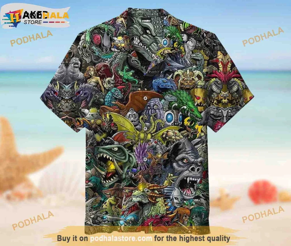 Vintage Monster Cartoon Hawaiian Shirt, Colorful Retro Beach Wear