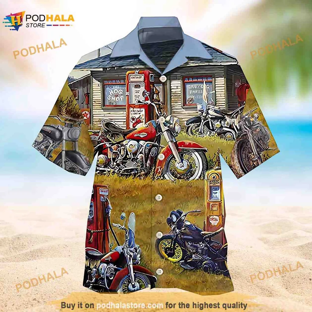 Vintage Motorbike Aloha Shirt Featuring Classic Motorcycles And Retro Gas Station