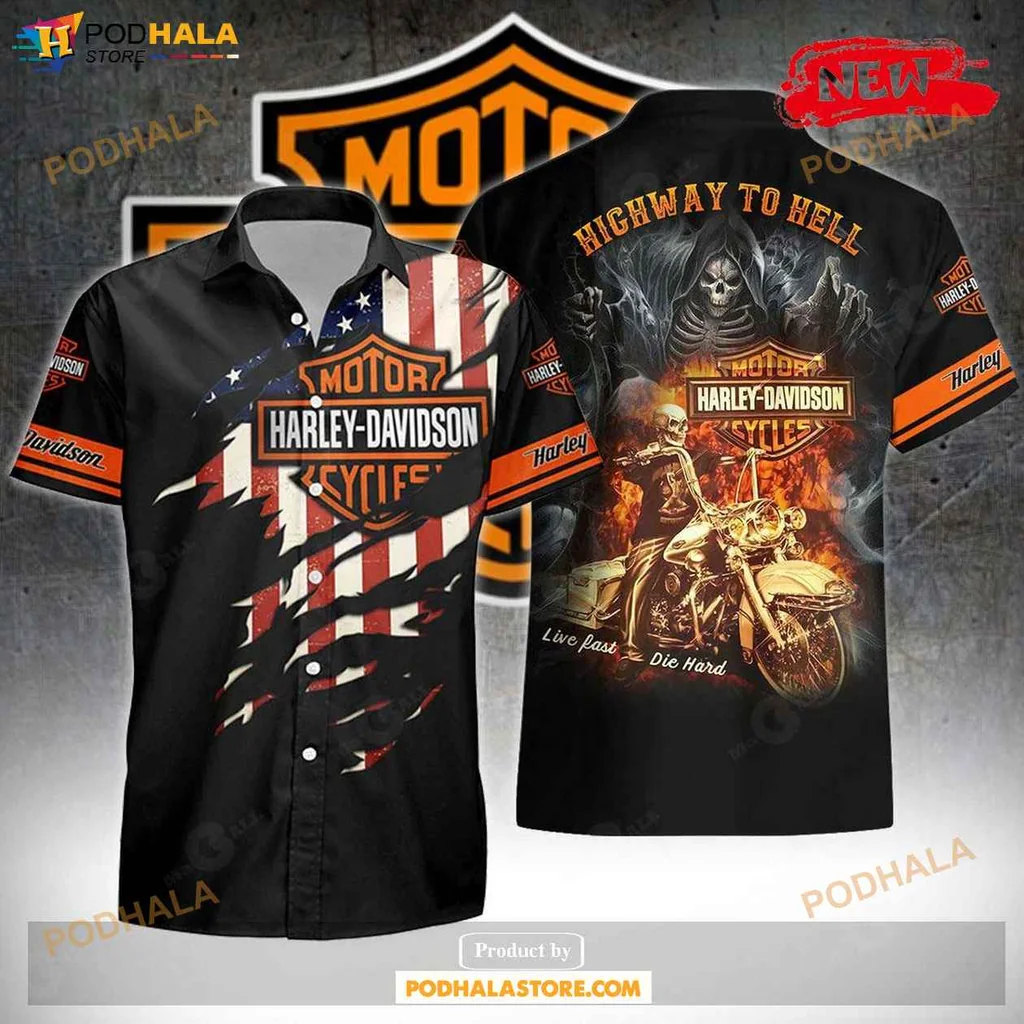 Vintage Motorcycle Aloha Shirt, Highway To Hell Tropical Design Shirt