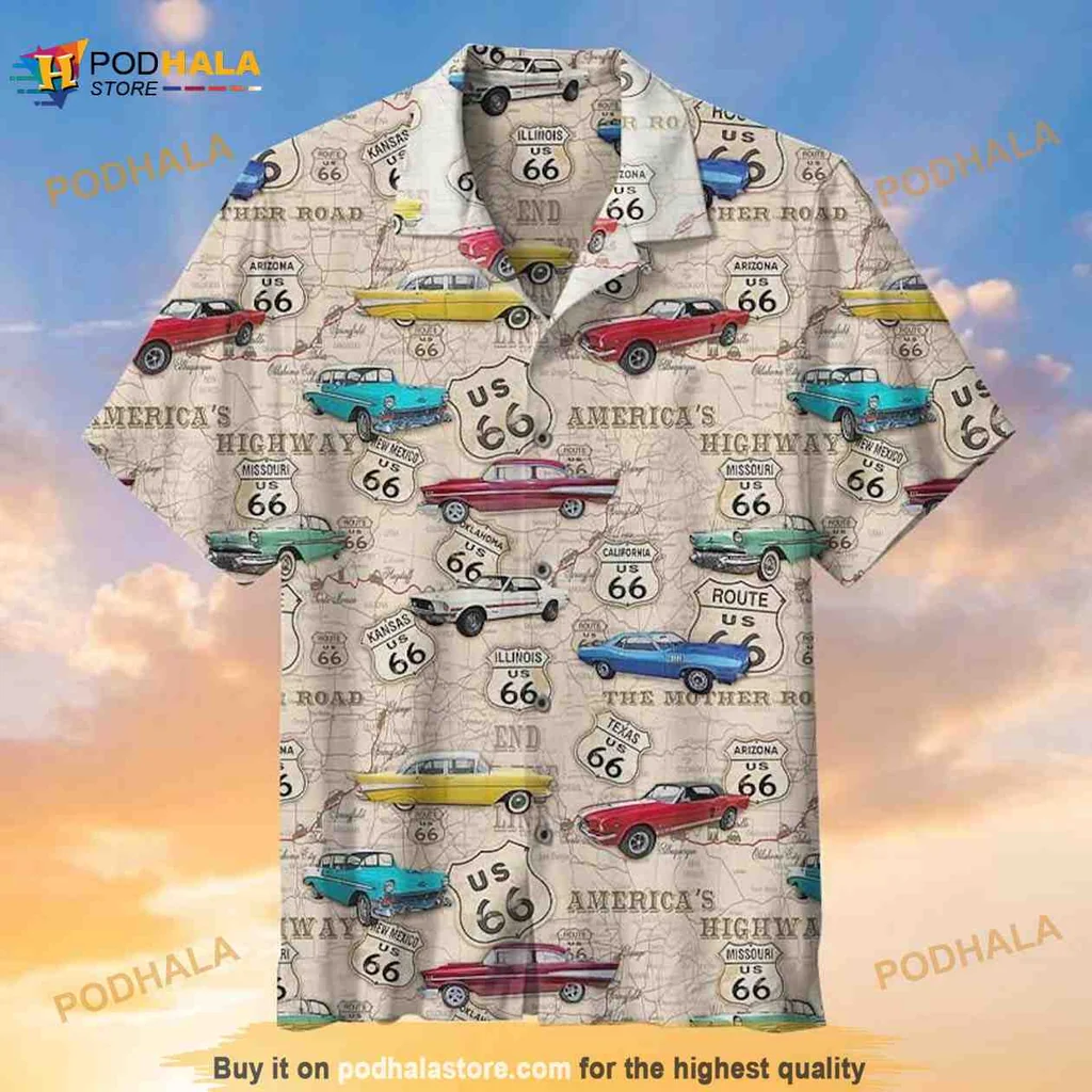 Vintage Muscle Car Hawaiian Shirt Featuring Classic Road Map Design
