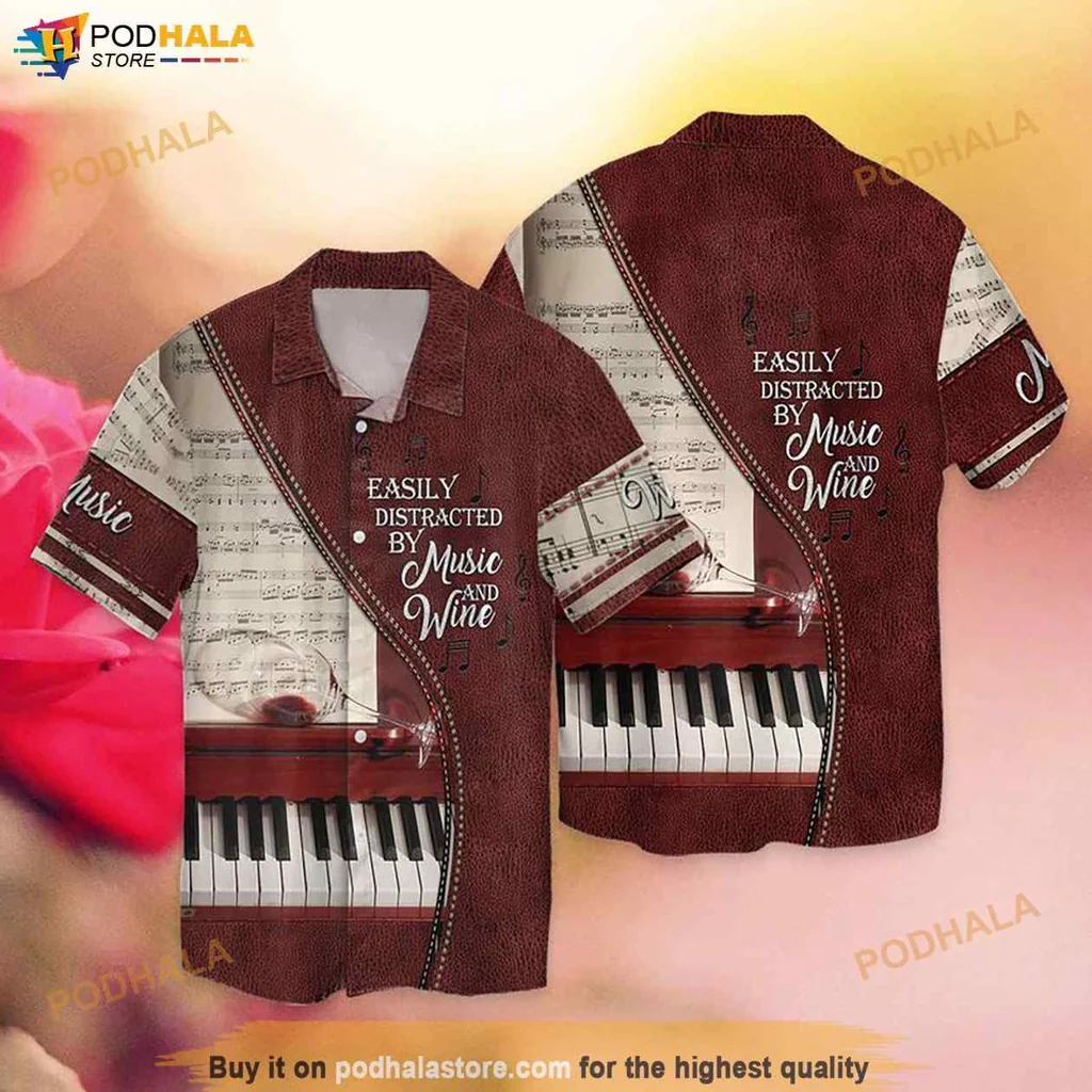 Vintage Music Lover Hawaiian Shirt, Easily Distracted By Music And Wine Design