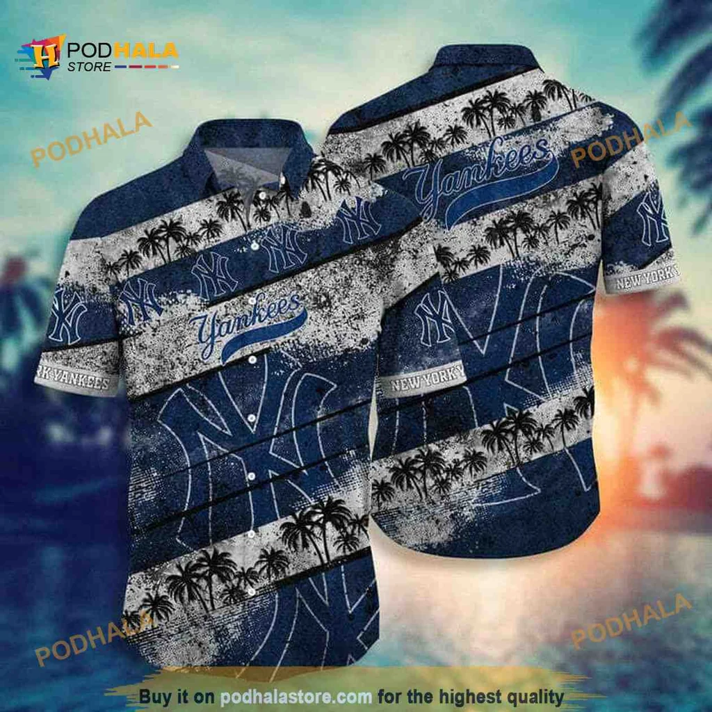 Vintage New York Yankees Hawaiian Shirt With Palm Trees For Beach Lovers