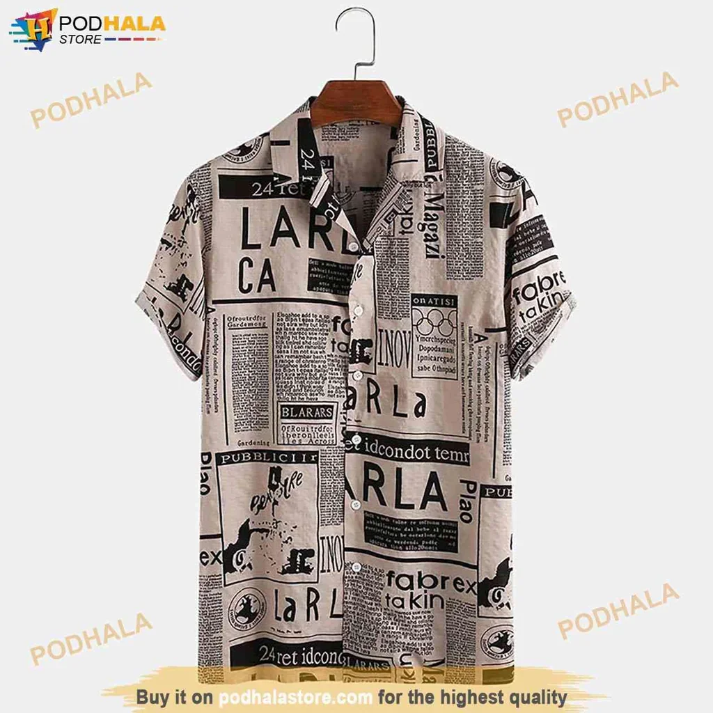 Vintage Newspaper Print Aloha Shirt, Retro Beach Style For Summer Outings
