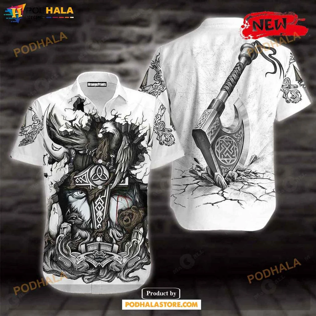 Vintage Norse Mythology Hawaiian Shirt, Odin Design With Axe And Intricate Patterns