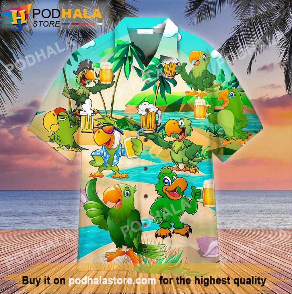 Vintage Parrots And Beer Aloha Shirt, Fun Tropical Tee For Summer Parties