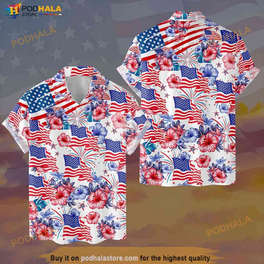Vintage Patriotic Floral Aloha Shirt, 4th Of July Hawaiian Shirt With American Flag Design