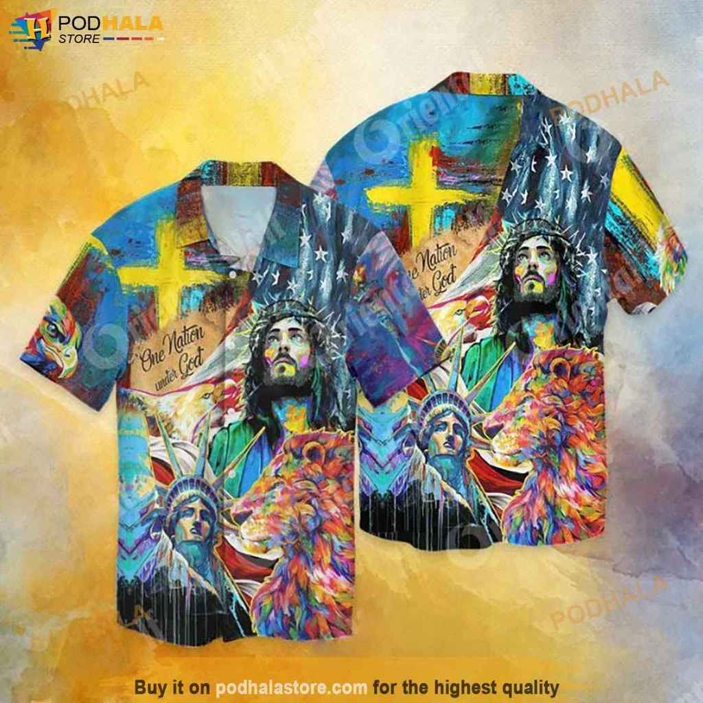 Vintage Patriotic Jesus Hawaiian Shirt, One Nation Under God Graphic Design