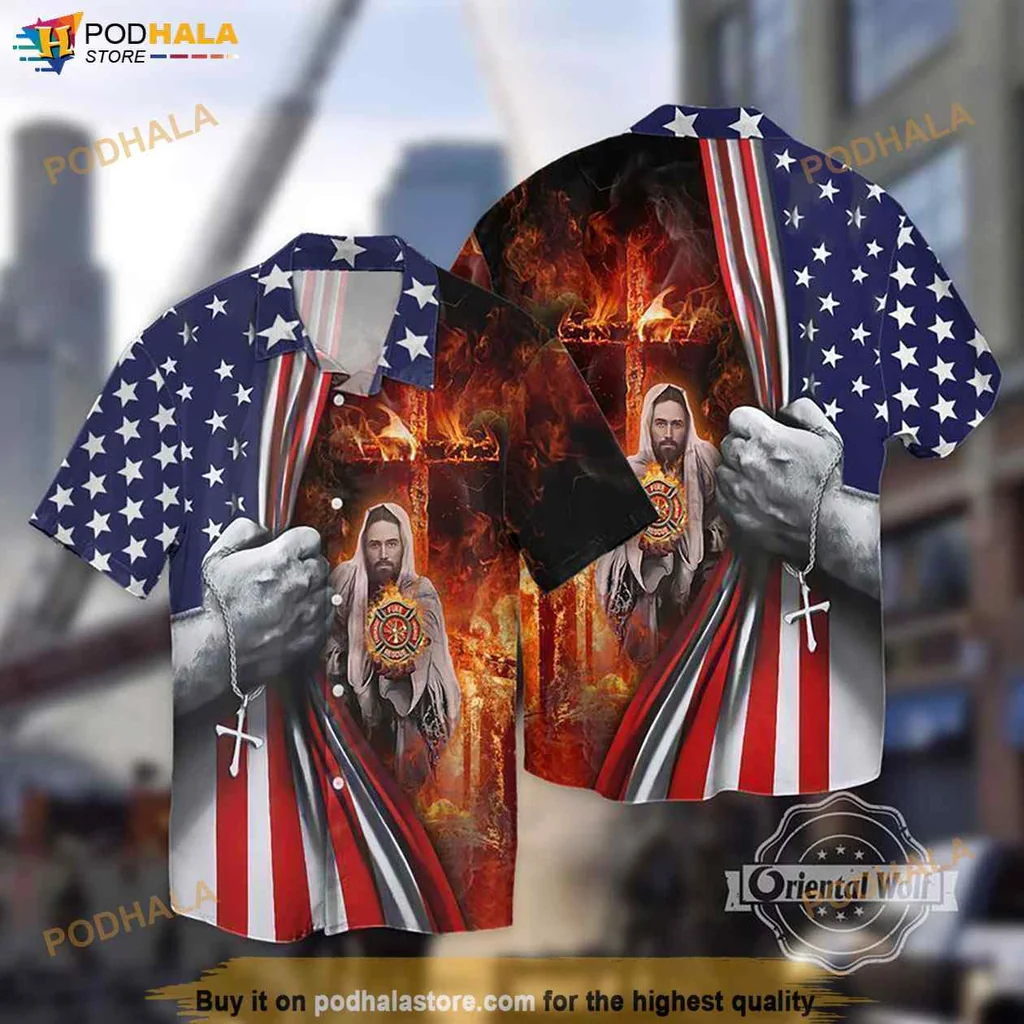 Vintage Patriotic Warrior Hawaiian Shirt Featuring Firefighter Cross Design