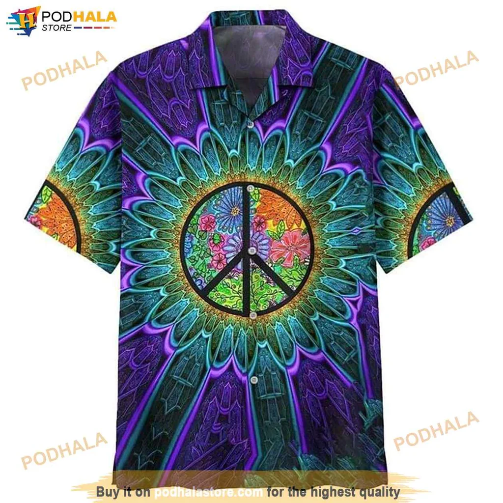 Vintage Peace Floral Hawaiian Shirt, Colorful Psychedelic Flower Design