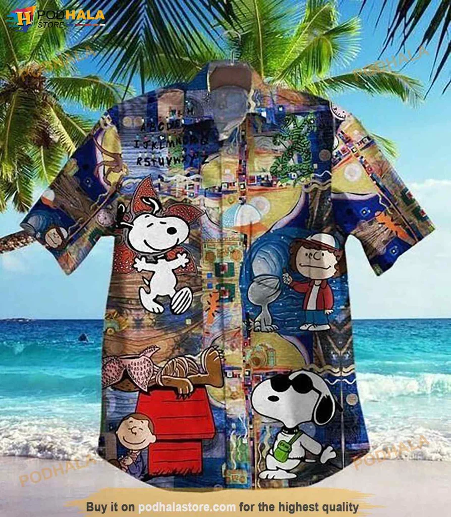 Vintage Peanuts Character Hawaiian Shirt, Colorful Snoopy Tropical Print Tee