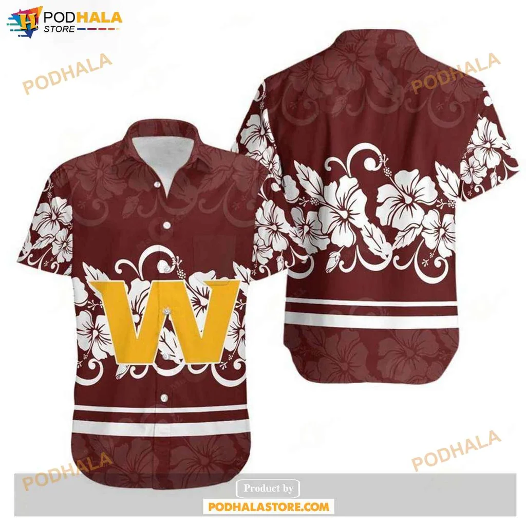 Vintage Proud Washington Fan Hawaiian Shirt, Maroon With Hibiscus Flowers And Yellow W