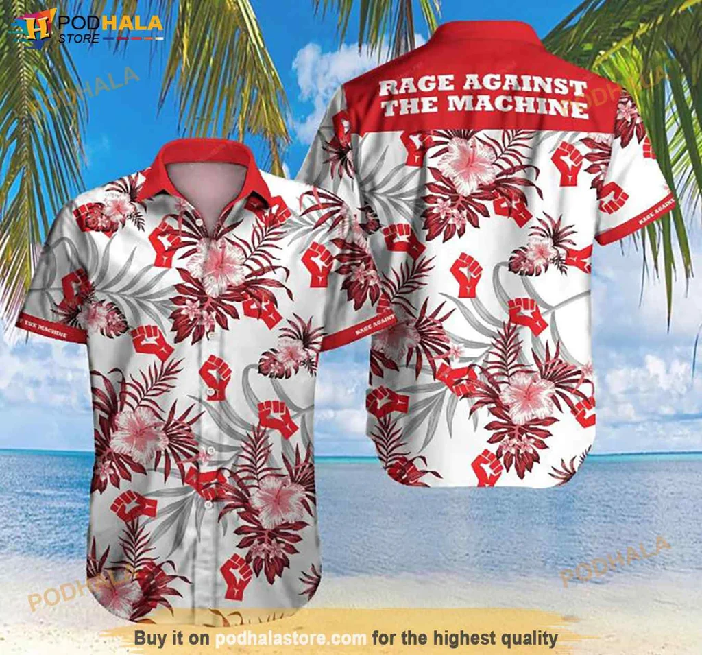 Vintage Rage Against The Machine Hawaiian Shirt, Bold Tropical Design With Raised Fists