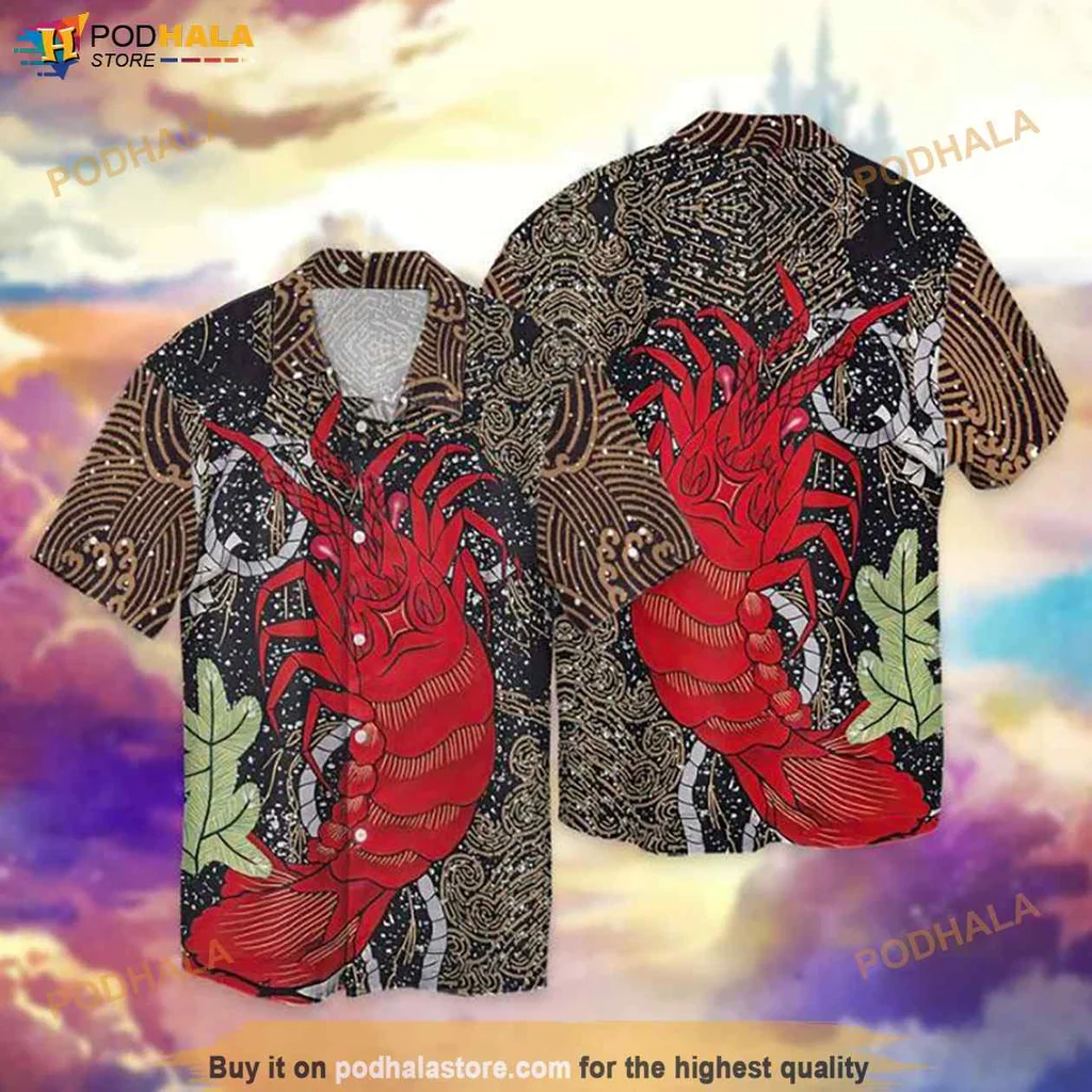 Vintage Red Shrimp Hawaiian Shirt, Tropical Ocean Wave Design For Men