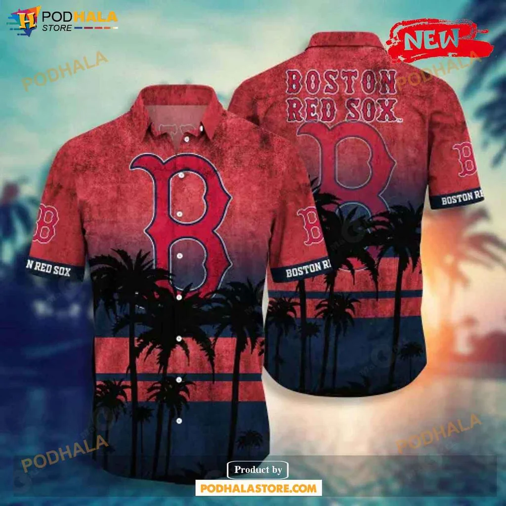 Vintage Red Sox Aloha Shirt, Tropical Sunset Coconut Tree Design Shirt