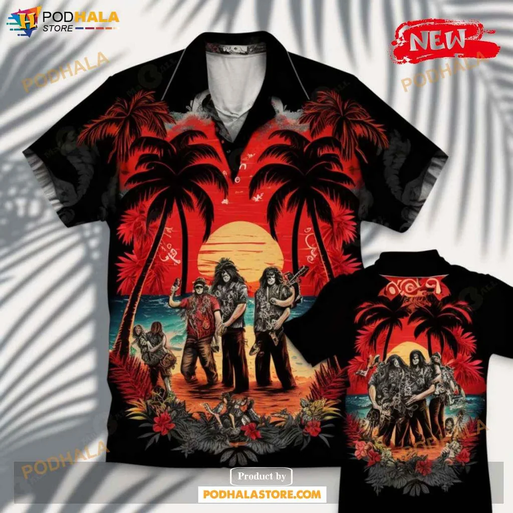 Vintage Rock Band Aloha Shirt, Sunset Coconut Tree Summer Shirt