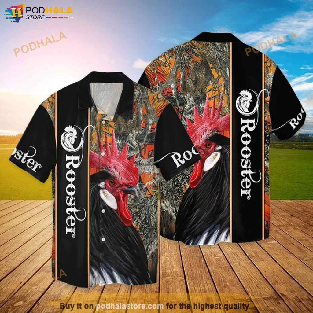 Vintage Rooster Hawaiian Shirt, Colorful Tropical Tee For Women
