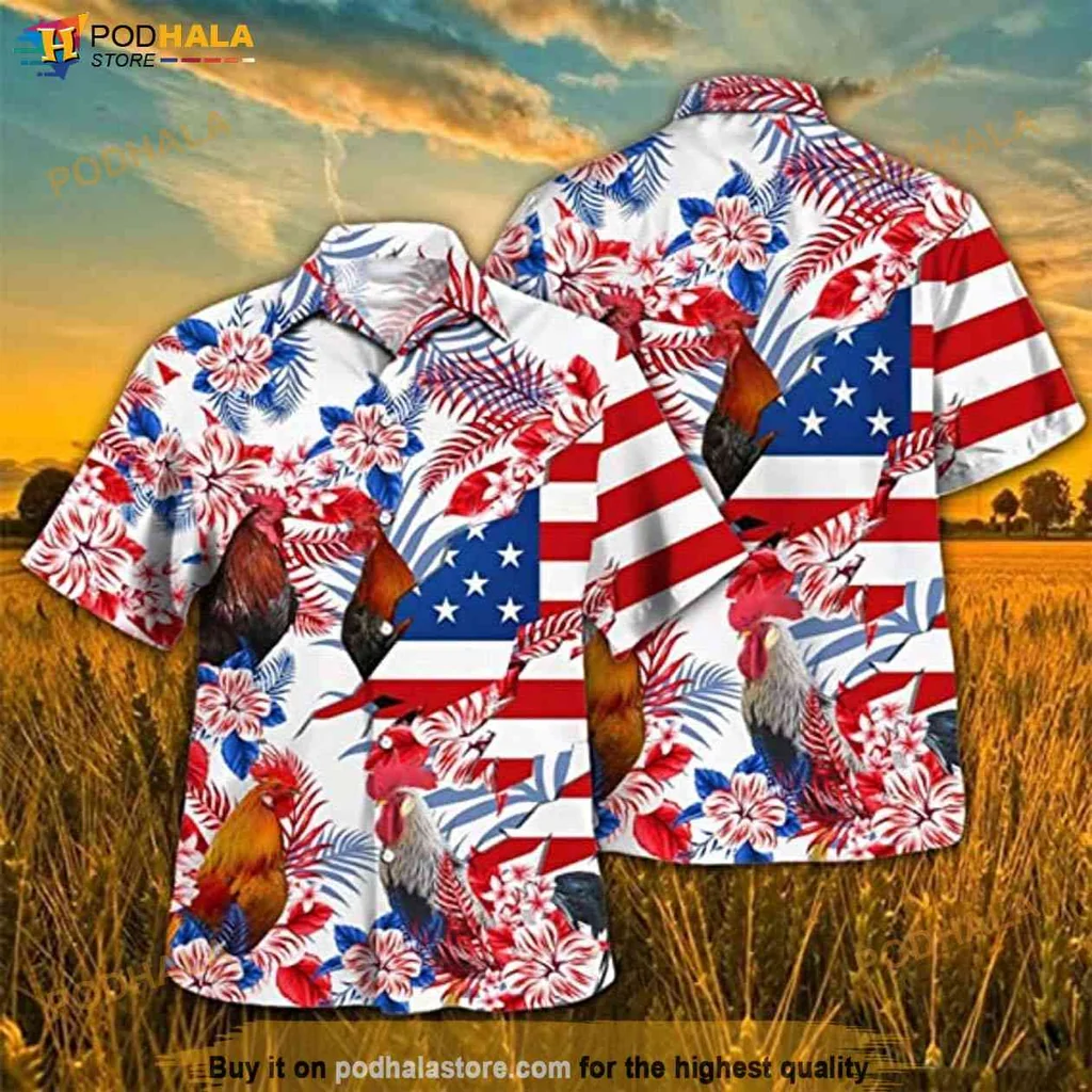 Vintage Rooster Patriotic Aloha Shirt, Festive American Flag Design For Farmers
