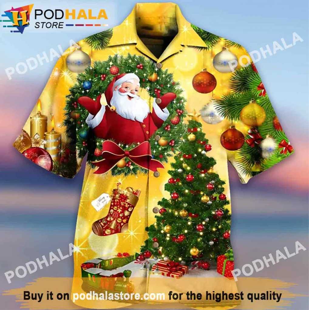 Vintage Santa Claus Hawaiian Shirt, Festive Christmas Tree Design With Santa