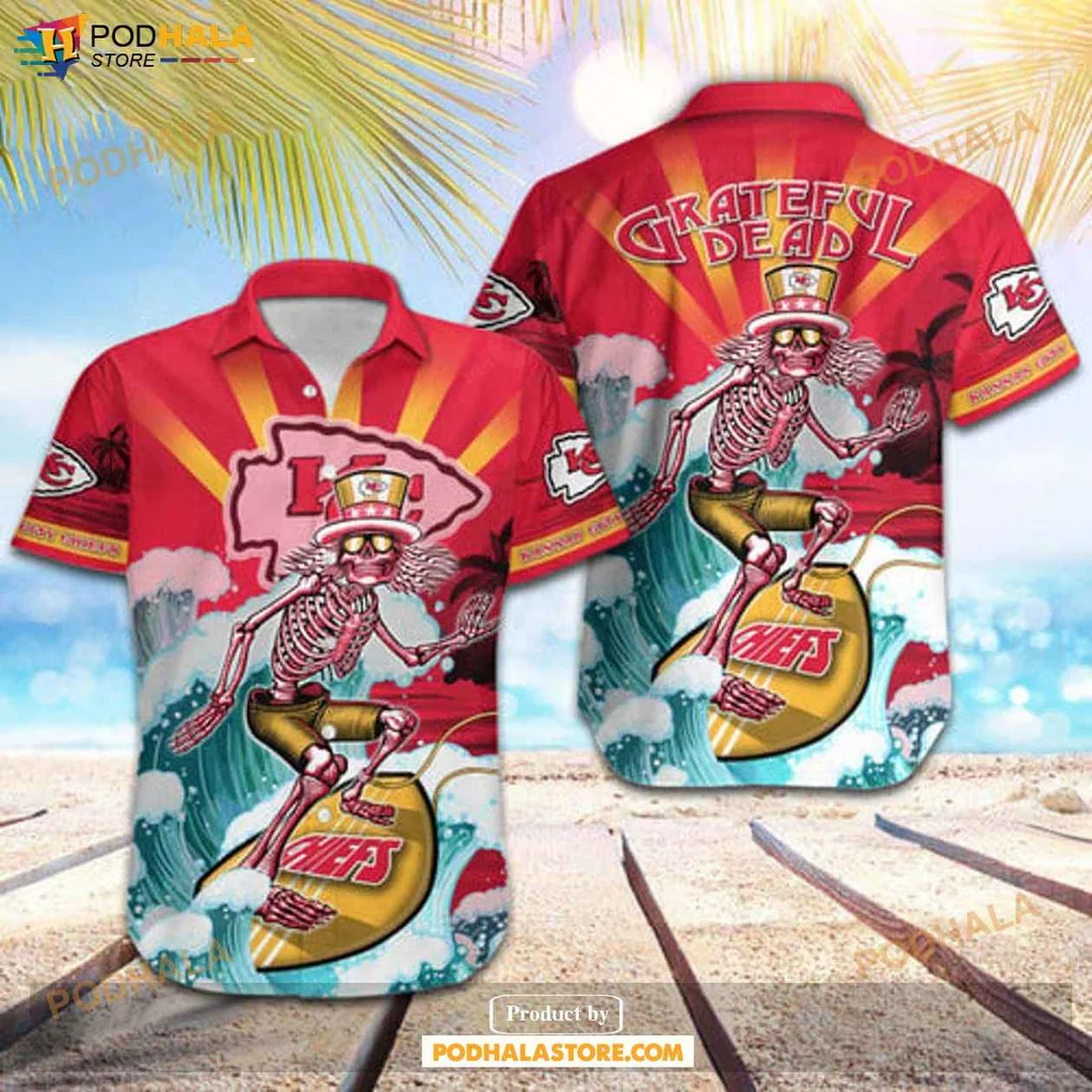 Vintage Skeleton Surfboard Hawaiian Shirt, Kansas City Chiefs Skateboarding Design